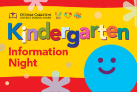 A blue smiley face against a yellow and red background. Text reads, &quot;Kindergarten Information Night&quot;